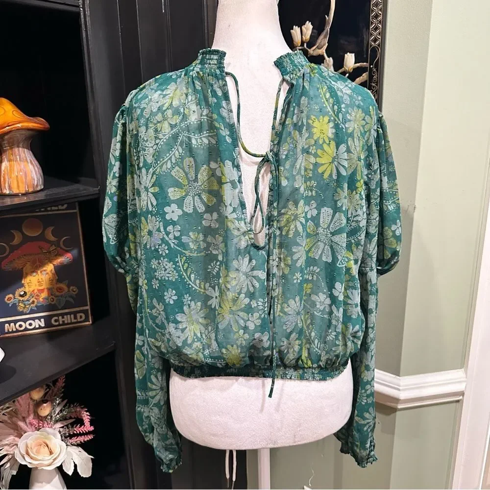 Free People Green Floral Peasant Blouse Balloon Sleeve Boho Top – Size XS